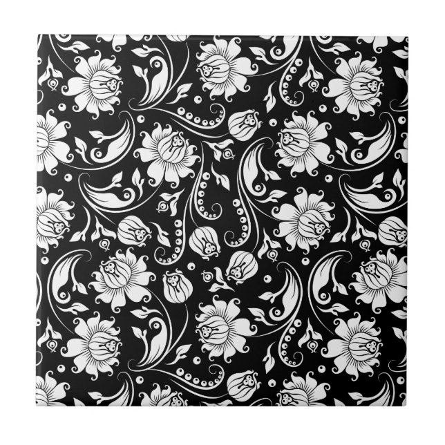 White & Black Vintage Floral Damasks Tile (Front)