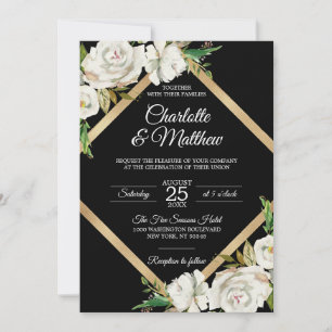 White Black Vintage Floral Wedding +Details RSVP Invitation