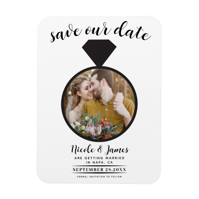 White & Black Wedding Ring Photo Save the Date Magnet (Vertical)