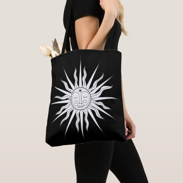 White & Black Whimsical Sun Celestial Astrology Tote Bag (Close Up)