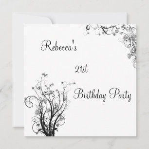 White Black Wispy Floral 21st Birthday Party Invitation