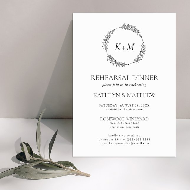 White Black Wreath Monogram Rehearsal Dinner Invitation (Creator Uploaded)