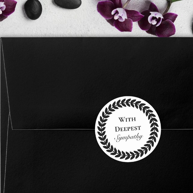 White Black Wreath With Deepest Sympathy Classic Round Sticker (Creator Uploaded)