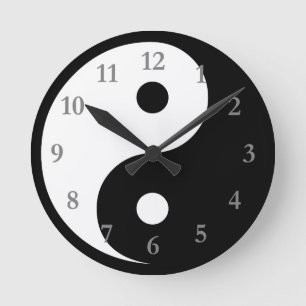 White/Black Yin Yang Symbol with Grey Numbers Round Clock
