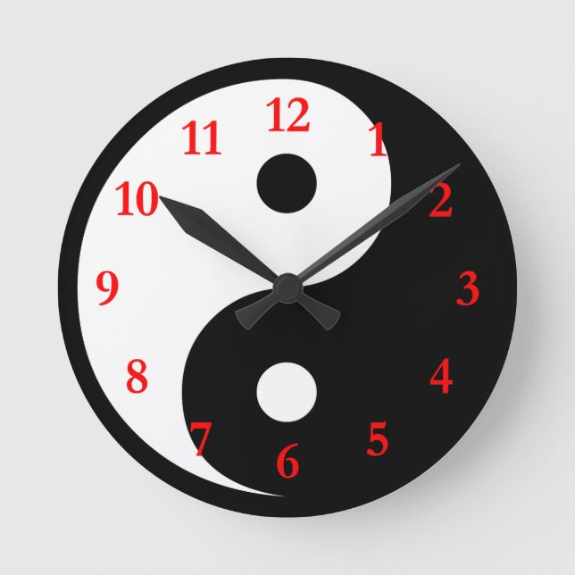 White Black Yin Yang Symbol with Red Numbers Round Clock (Front)