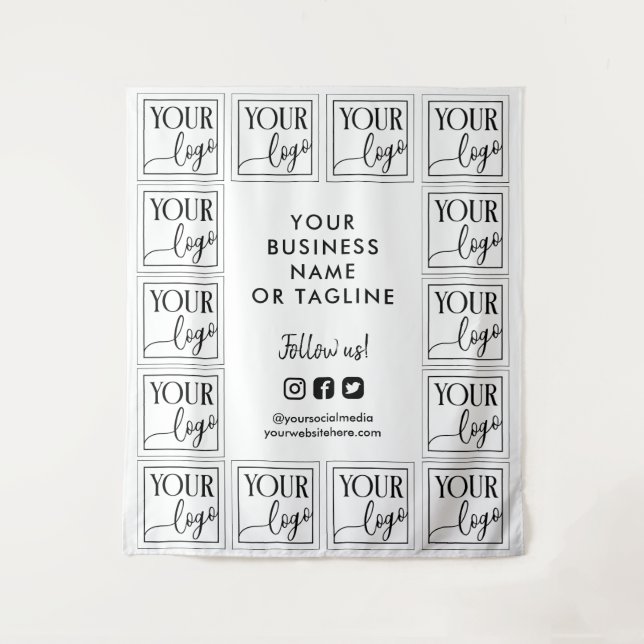 White Black Your Logo & Social Media Backdrop Tapestry (Front)