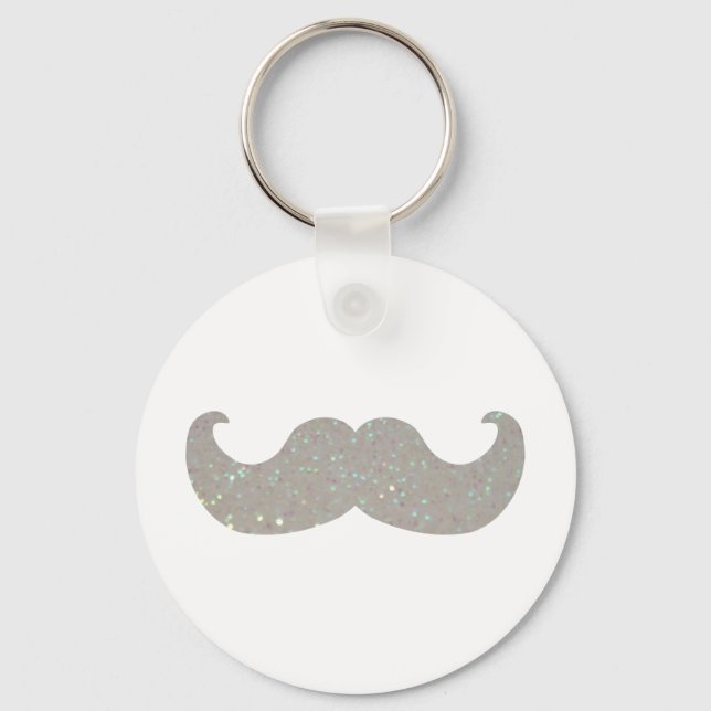 White Bling Mustache (Faux Glitter Graphic) Key Ring (Front)