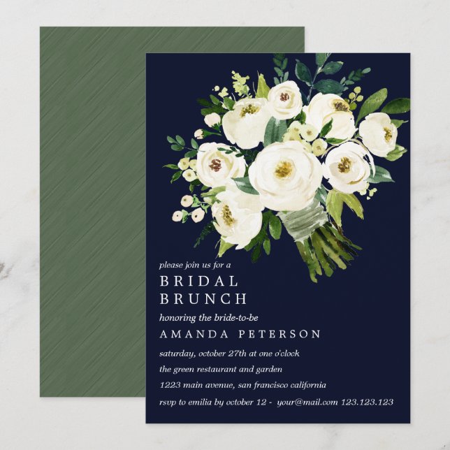 White Bloom Blue Bouquet Wedding Bridal Brunch Invitation (Front/Back)