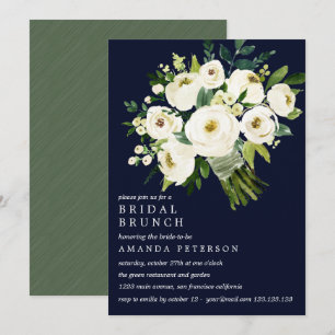 White Bloom Blue Bouquet Wedding Bridal Brunch Invitation