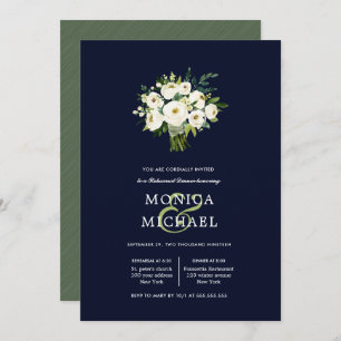White Bloom blue Bouquet Wedding Rehearsal Dinner Invitation