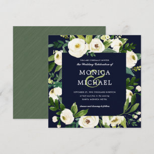 White Bloom   Blue Floral Botanical  Wedding Invitation