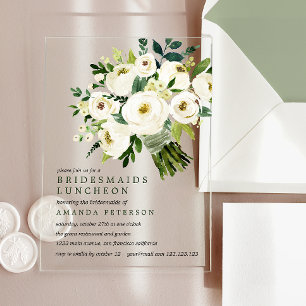 White Bloom   Bouquet Bridesmaids Luncheon  Acrylic Invitations