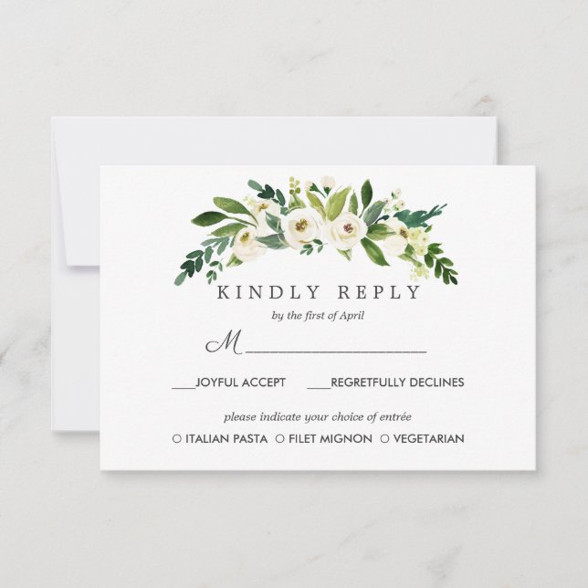 White Bloom Chic Wedding Response RSVP MEAL option (Front)