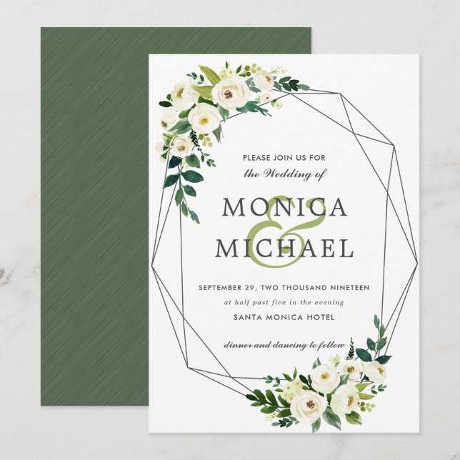 White Bloom | Floral Geometric Botanical Wedding Invitation (Front/Back)