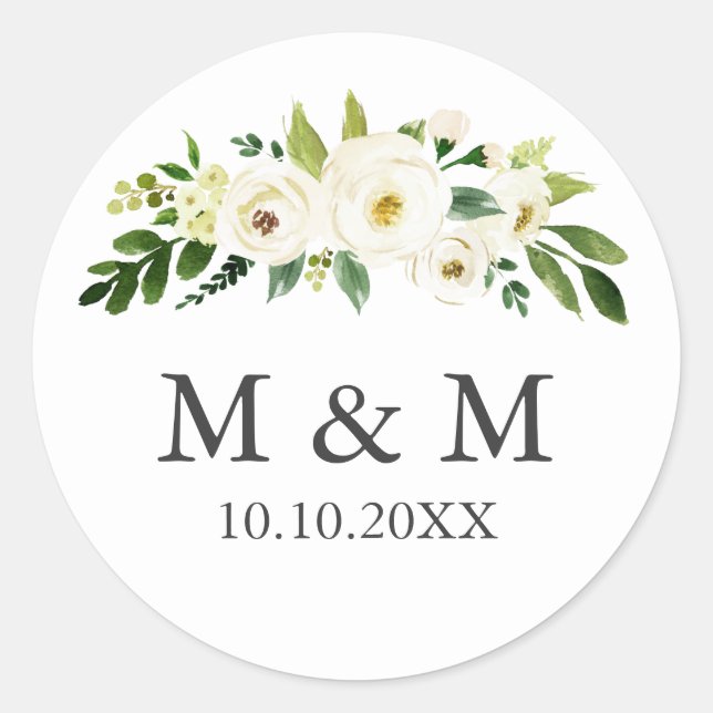 White Bloom | Floral  Wedding Classic Monogram Round Sticker (Front)