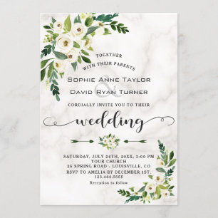 White Bloom Flowers Marble Handwriting Wedding Invitation