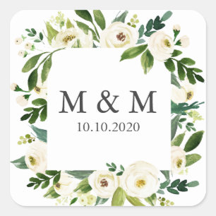 White Bloom Frame  Floral Wedding Classic Monogram Square Sticker