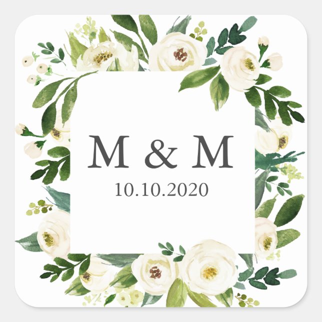 White Bloom Frame  Floral Wedding Classic Monogram Square Sticker (Front)