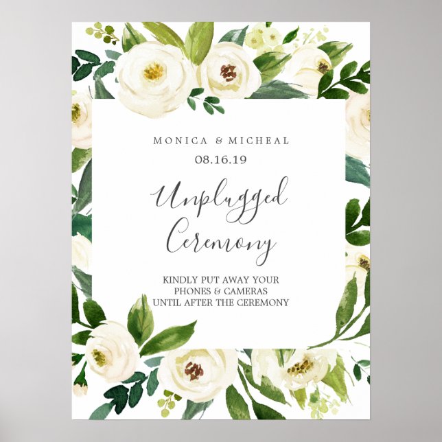 White Bloom Square Unplugged Wedding Ceremony Sign (Front)