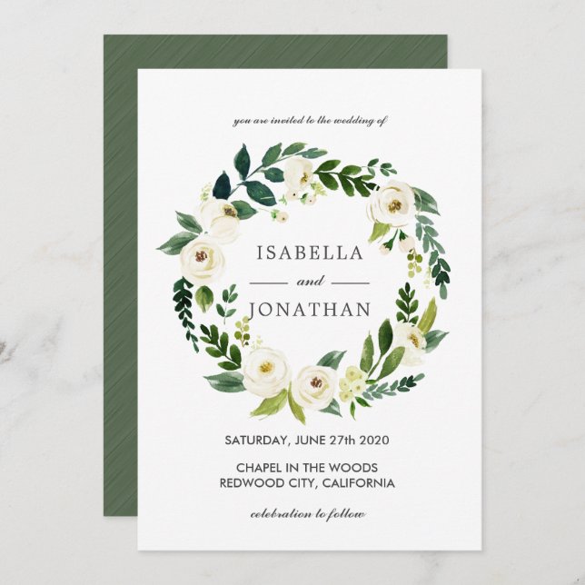White Bloom | Watercolor Full Wreath wedding Invitation (Front/Back)