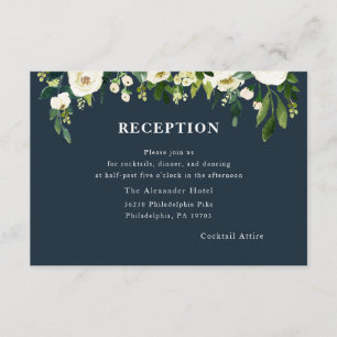 White Bloom Wedding Reception Card Navy
