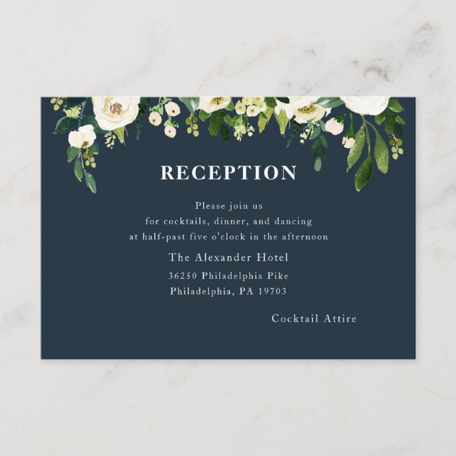 White Bloom Wedding Reception Card | Navy (Front)