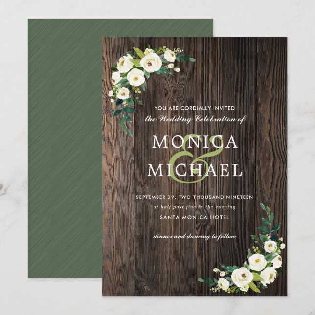 White Bloom | Wood Floral Botanical Corner Wedding Invitation (Front/Back)