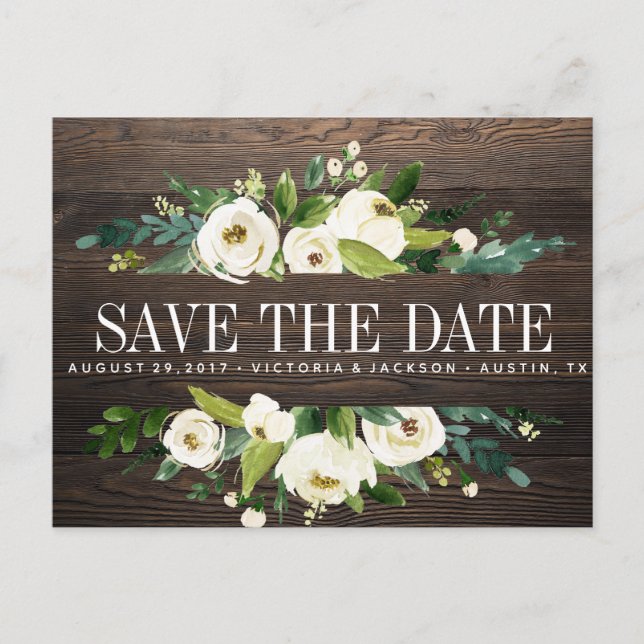 White Bloom wood Floral WEDDING save the date Announcement Postcard (Front)