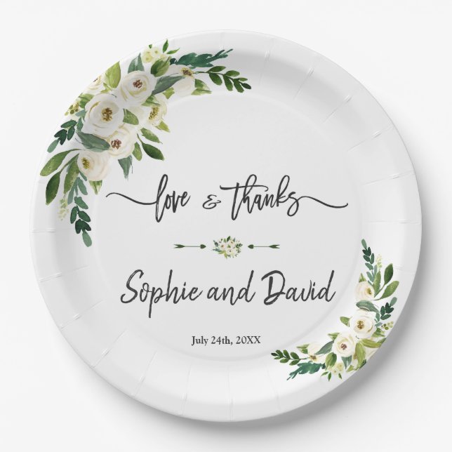 White Blooming Floral Handwriting Love and Thanks Paper Plate (Front)