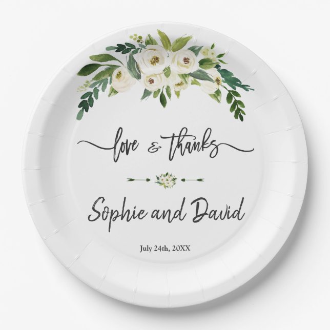 White Blooming Floral Handwriting Love and Thanks Paper Plate (Front)