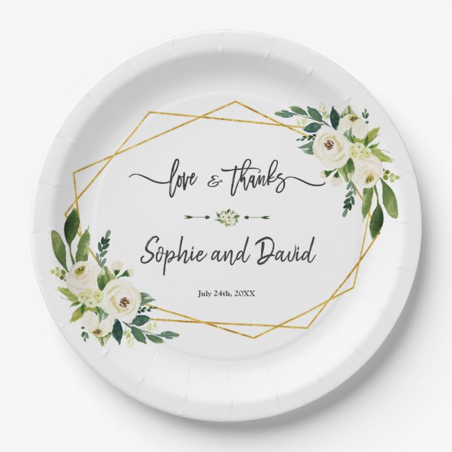 White Blooming Floral Handwriting Love and Thanks Paper Plate (Front)