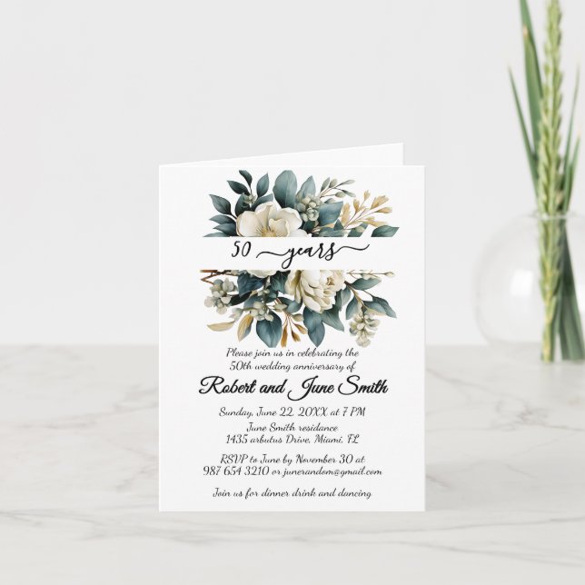 White blooming flower 50th wedding anniversary  invitation (Front)