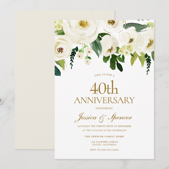 White Blooming flowers 40th Wedding Anniversary Invitation (Front/Back)