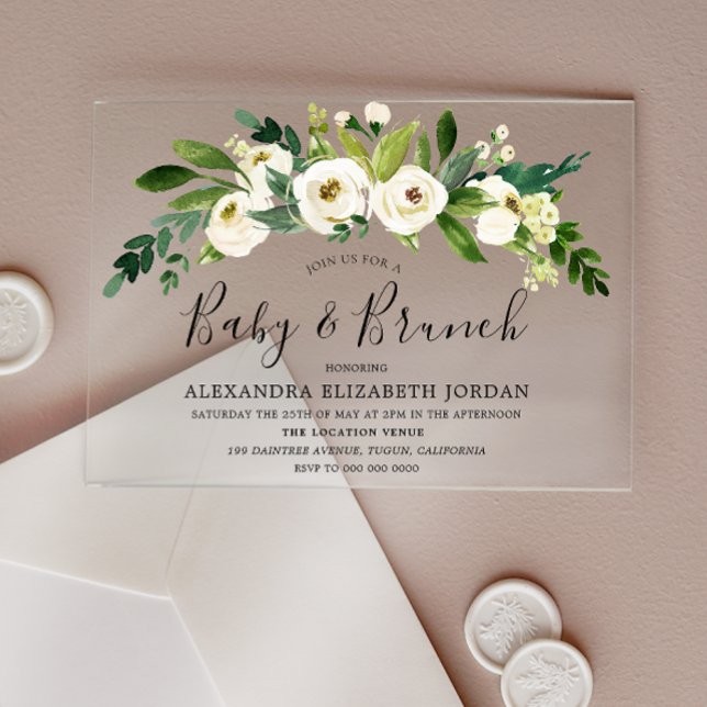 White Blooming Flowers Baby Shower & Brunch Acrylic Invitations (Creator Uploaded)