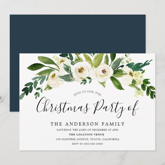 White Blooming Flowers Christmas Party Invitation (Front/Back)