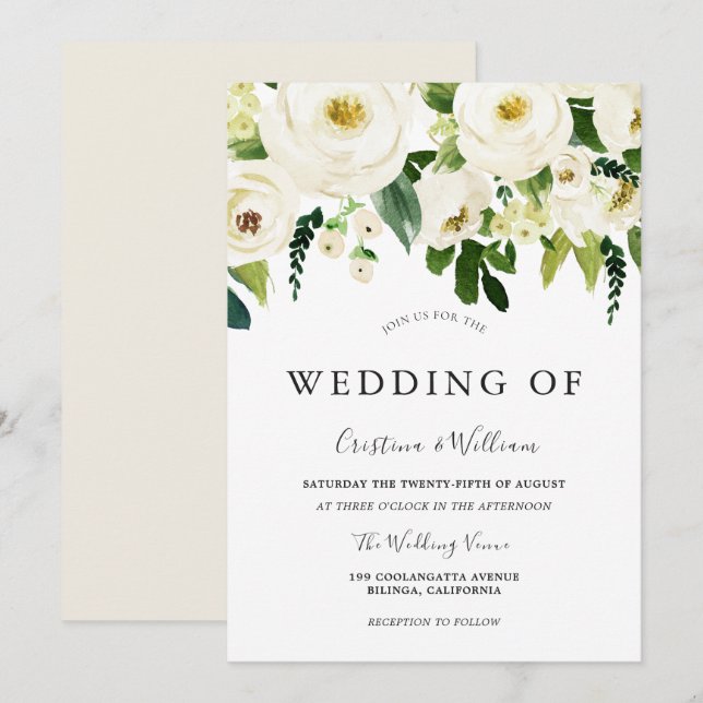 White Blooming Flowers Elegant Wedding Invitation (Front/Back)