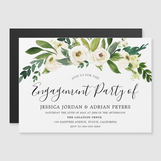 White Blooming Flowers Engagement Party Magnetic Invitation (Front/Back)