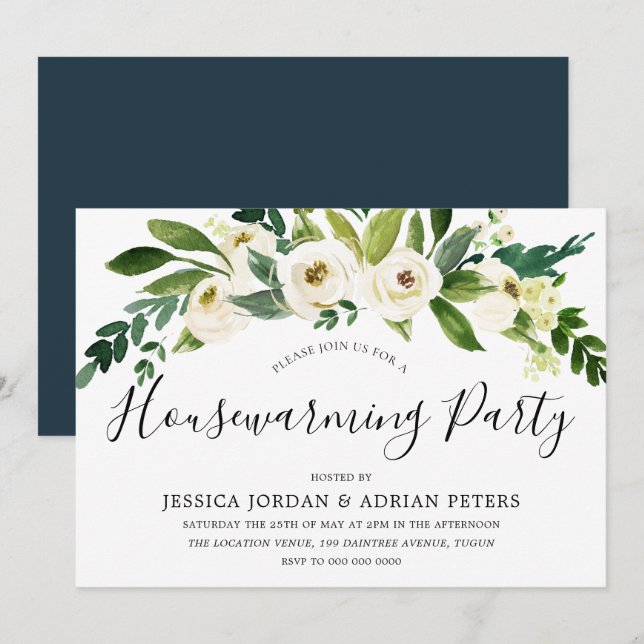 White Blooming Flowers Housewarming Party Invitation (Front/Back)