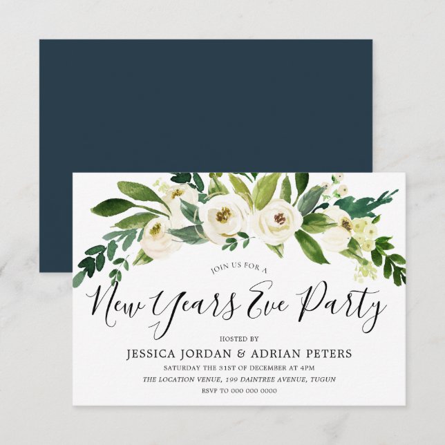 White Blooming Flowers New Years Eve Party Invitation (Front/Back)