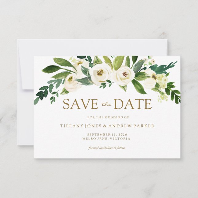 White Blooming Flowers Save The Date Invite (Front)