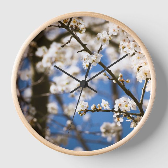 White Blossom blue sky background Clock (Front)