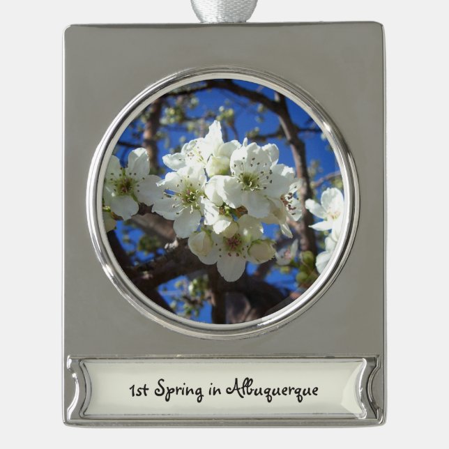 White Blossom Clusters Spring Flowering Pear Tree Silver Plated Banner Ornament (Front)