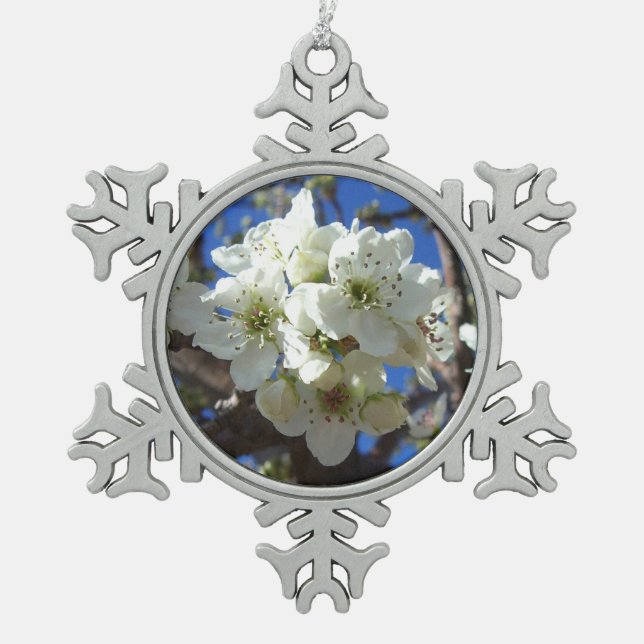 White Blossom Clusters Spring Flowering Pear Tree Snowflake Pewter Christmas Ornament (Front)