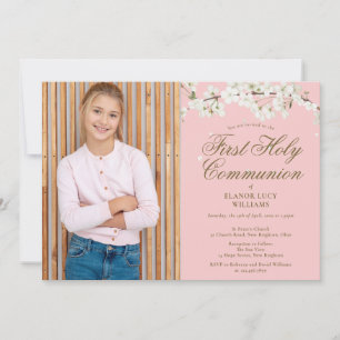 White Blossom First Holy Communion Pink Photo Invitation