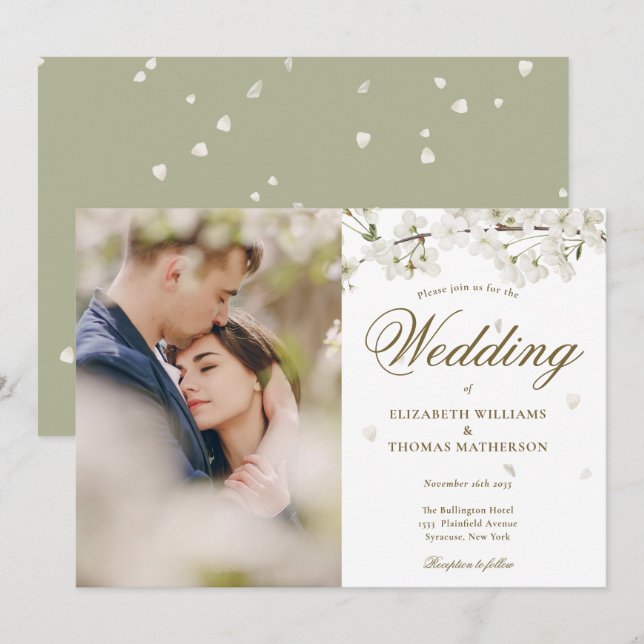 White Blossom Floral Gold Script Photo Invitation (Front/Back)