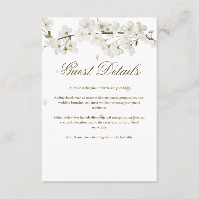 White Blossom Floral Guest Information Details Enclosure Card (Front)
