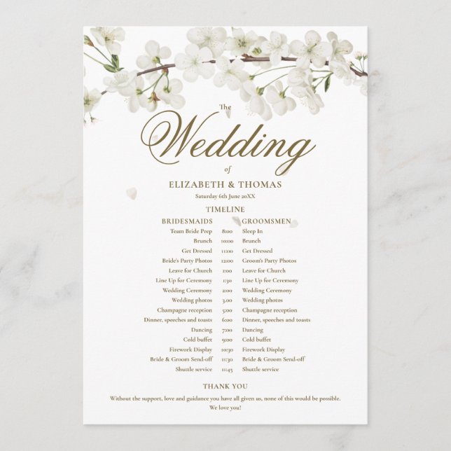 White Blossom Floral Wedding Schedule Timeline Programme (Front)