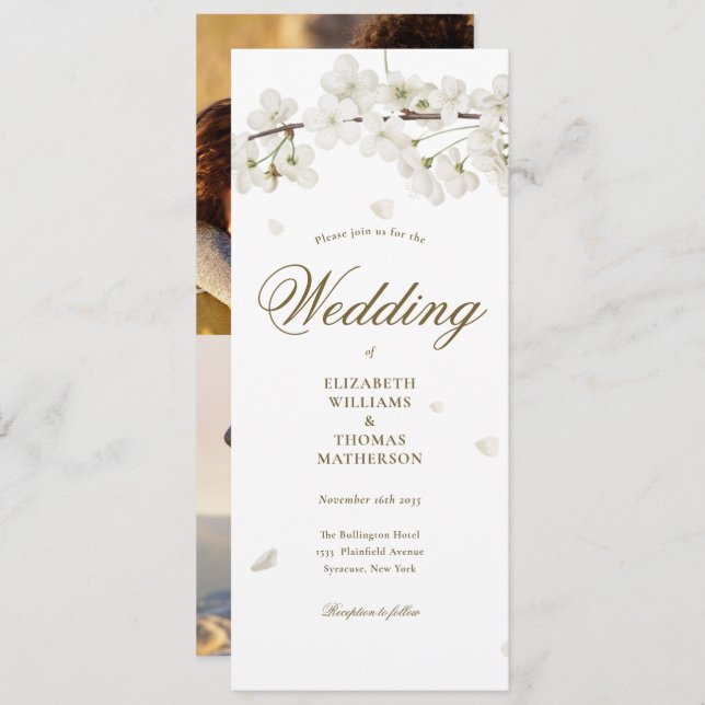 White Blossom Gold Script 2 Photo Wedding Invitation (Front/Back)