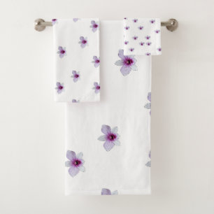 White Blossom Purple Center Gift Bath Towel Set