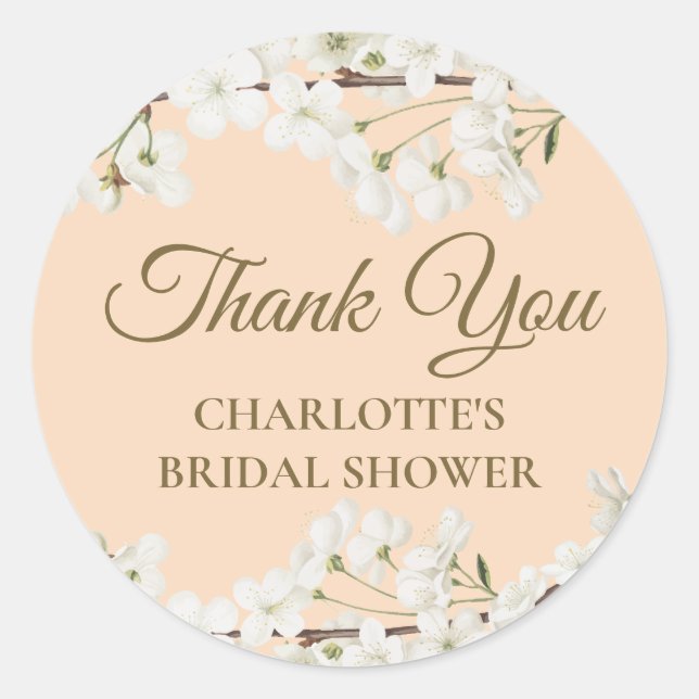 White Blossom Thank You Bridal Shower Classic Round Sticker (Front)